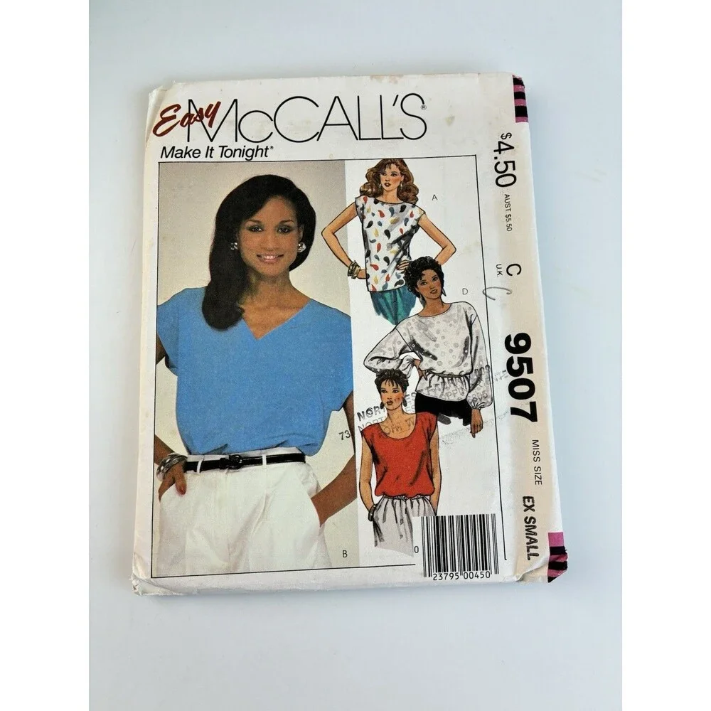 Pullover Tops V-neck Scoop Uncut Pattern 9507 Size 6-8 Vtg 80s Relaxed Casual